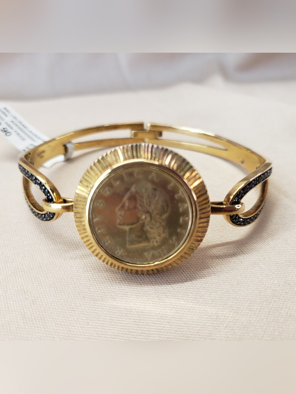Bellezza Italy 20 Lira Coin Bangle Bracelet Bronze with Black CZs with Tag.  The